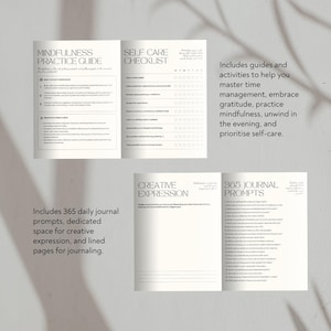 Op de afbeelding: Een wit dagboek met een zwart en grijs ontwerp. Het dagboek bevat secties voor mindfulness-oefeningen, zelfzorg, creatieve expressie en 365 dagboekprompts. De tekst op de omslag luidt "Mindfulness Practice Guide", "Self Care Checklist", "Creative Expression" en "365 Journal Prompts".