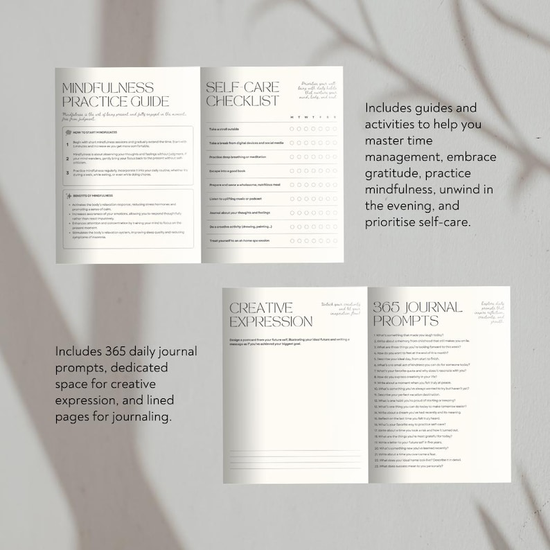Op de afbeelding: Een wit dagboek met een zwart en grijs ontwerp. Het dagboek bevat secties voor mindfulness-oefeningen, zelfzorg, creatieve expressie en 365 dagboekprompts. De tekst op de omslag luidt "Mindfulness Practice Guide", "Self Care Checklist", "Creative Expression" en "365 Journal Prompts".