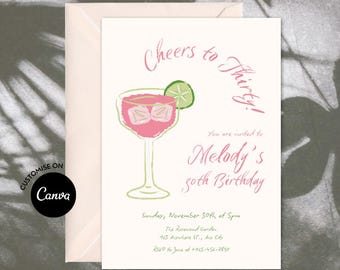 Whimsical 30th Birthday Invitation: Hand-Drawn Martini  Adult Bday Party Invite (Canva Editable, Digital Download)