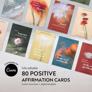 80 Cartões de Afirmação Positiva, Afirmações Diárias, Imprimíveis, Canva Personalizáveis, Citações Inspiradoras, Manifestação, Autocuidado, Digital