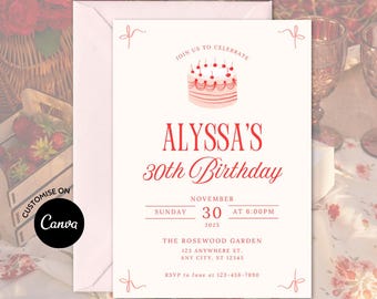 Cake 30th Birthday Invitation Template: Elegant Coquette Adult For Her Cheers to Thirty Bday Party Invite (Canva Editable, Digital Download)