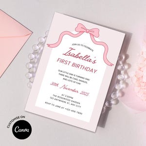 Bow 1st Birthday Invitation Template: Pink Coquette Girl First Bday Party Invite (Canva Editable, Digital Download)