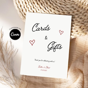 Illustrierte Hochzeitskarten und Geschenke Schild Vorlage, Hochzeitsgeschenk Tischschild, Geschenke Beschilderung, Benutzerdefiniertes Schild, Handgezeichnet, wunderlich, bearbeitbar
