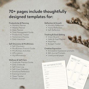 Op de afbeelding: Een printbare planner met meer dan 70 pagina's aan sjablonen voor productiviteit, zelfontdekking, reflectie, doelstelling en creatieve expressie. De afbeelding toont een voorbeeldpagina met de titel "Mijn Affirmaties" en een sectie met de titel "Week van" met een raster van vakjes.