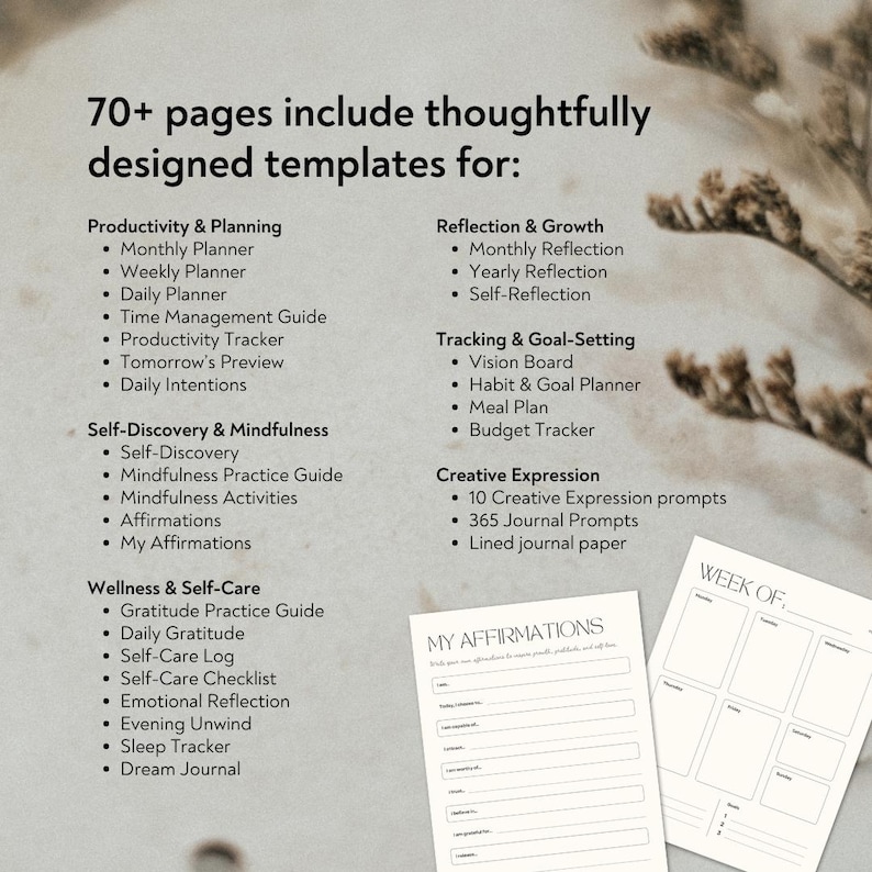 Op de afbeelding: Een printbare planner met meer dan 70 pagina's aan sjablonen voor productiviteit, zelfontdekking, reflectie, doelstelling en creatieve expressie. De afbeelding toont een voorbeeldpagina met de titel "Mijn Affirmaties" en een sectie met de titel "Week van" met een raster van vakjes.