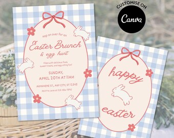 Easter Brunch & Egg Hunt Invitation Template: Gingham Bunny Party Invite (Canva Editable, Digital Download)