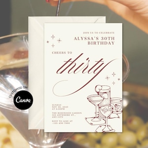 Pode incluir: Um cartão de convite branco com uma borda e texto bordô. O texto diz "Cheers to thirty" e inclui os detalhes da festa de aniversário de 30 anos de Alyssa. O cartão apresenta uma ilustração estilizada de coquetéis.