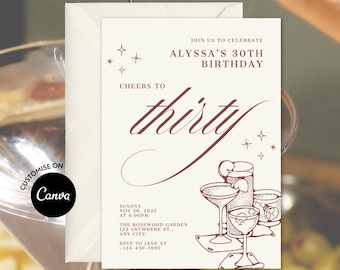 Vintage Cocktail 30th Birthday Invitation: Cheers to Thirty Adult Bday Party Invite (Canva Editable, Digital Download)