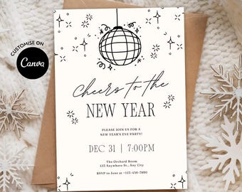 Cheers to the New Year Invitation Template: Disco Ball New Years Eve Party Invite (Canva Editable, Digital Download)