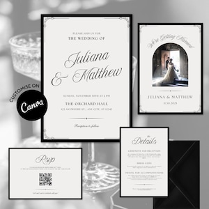 Old Money Wedding Invitation Suite, Editable Template, Wedding Invite Bundle, Classic Black and White,  Minimalist, Vintage, Elegant Wedding