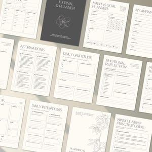 Op de afbeelding: Een set met printbare journalpagina's met een zwart-wit bloemenontwerp. De pagina's bevatten prompts voor dagelijkse dankbaarheid, affirmaties, emotionele reflectie, dagelijkse intenties, gewoonte- en doelplanning en mindfulness-oefeningen.