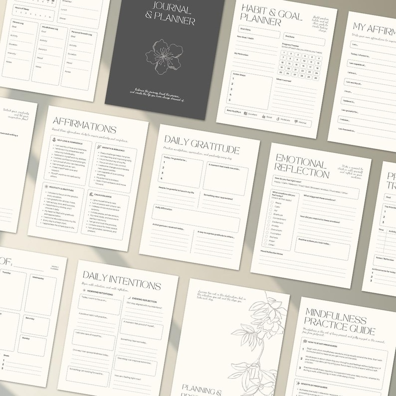 Op de afbeelding: Een set met printbare journalpagina's met een zwart-wit bloemenontwerp. De pagina's bevatten prompts voor dagelijkse dankbaarheid, affirmaties, emotionele reflectie, dagelijkse intenties, gewoonte- en doelplanning en mindfulness-oefeningen.