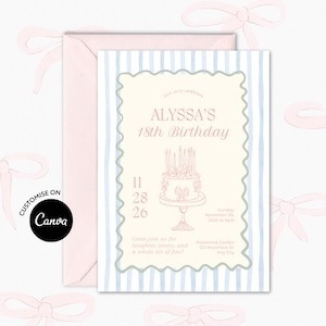 Puede incluir: Una invitación de cumpleaños con un borde a rayas rosas y azules. La invitación presenta el texto "ALYSSA'S 18th Birthday" y una ilustración de pastel. Incluye un sobre rosa y el logotipo de Canva.