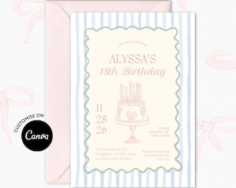 Op de afbeelding: Een verjaardagsuitnodiging met een roze en blauwe gestreepte rand. De uitnodiging bevat de tekst "ALYSSA'S 18th Birthday" en een taartillustratie. Inclusief een roze envelop en het Canva-logo.