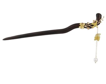 Hair stick - Osmanthus pearls hanging pendant ebony wood hairpin.(HS013)