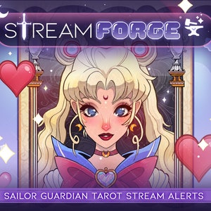 Peut inclure: Une carte de tarot sur le thème de Sailor Moon avec un schéma de couleurs rose, bleu et blanc. La carte présente un portrait de Sailor Moon avec un croissant de lune sur le front et un cœur rose sur la poitrine. Le texte "STREAM FORCE" est en haut de la carte, et le texte "SAILOR GUARDIAN TAROT STREAM ALERTS" est en bas.