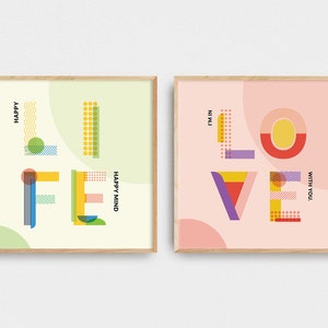 Set of 2, Valentine&#39;s Day, Typography Wall Art, Love, Life, Word Art, Typography Poster, Typography Print, Abstract Print, Quote Print,