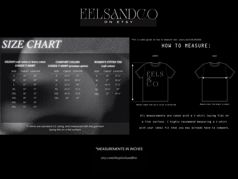 Puede incluir: Tabla de tallas para camisetas unisex Gildan, camisetas unisex Comfort Colors y camisetas ajustadas para mujer. Las medidas est&aacute;n en pulgadas. Incluye medidas de pecho y largo para cada talla, de la S a la 5XL. Tambi&eacute;n incluye un diagrama.