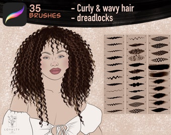 35 Procreate curls and Waves Hair Brushes, curly , Hair Brush Set, Digital Procreate Brushes, Guide Brushes, dreadlocks , Portrait Brush