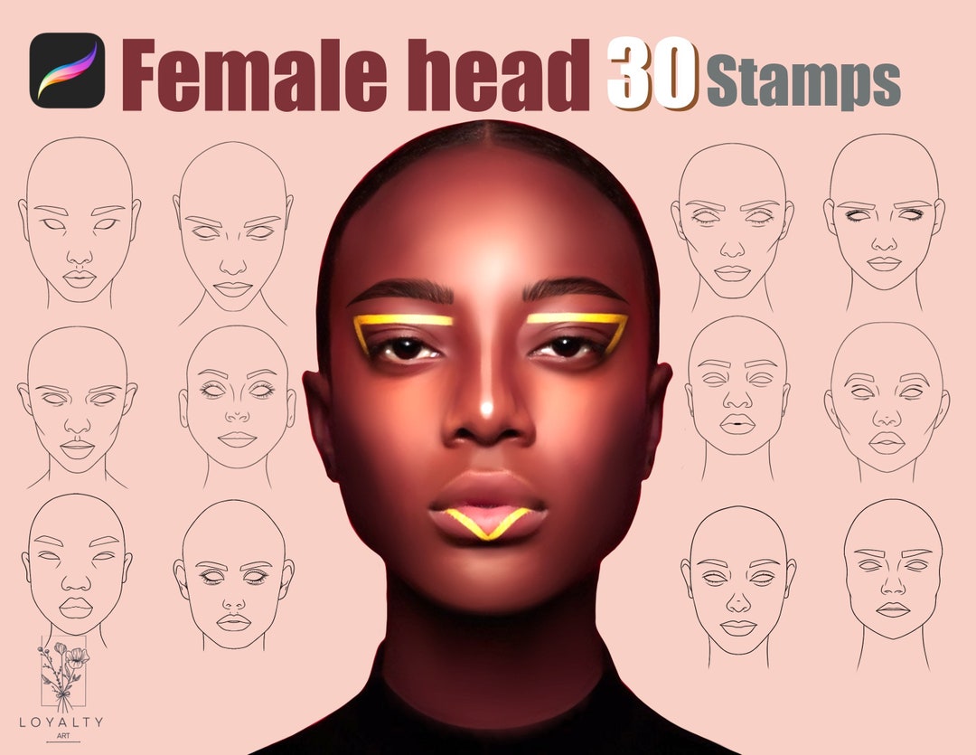 30 Female Head Templates Stamps for Procreate App . Women Face Charts