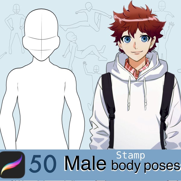 50 male body poses stamps for procreate , manga brushes, cartoon poses , manga  stamp brushes , body stamp , guide stamp , anime brushes