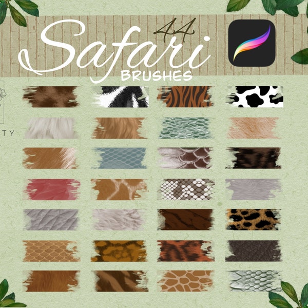 44 Safari Brush Texture For Procreate , Zebra Brushes, Giraffe , Leopard Texture , Furry Texture , Cow , snake , Dog , Tiger , Elephant