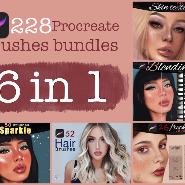 228 procreate brushes bundle 6 in 1 , portrait brushes, freckles, color & blending  , hair brushes, lashes brushes, skin texture