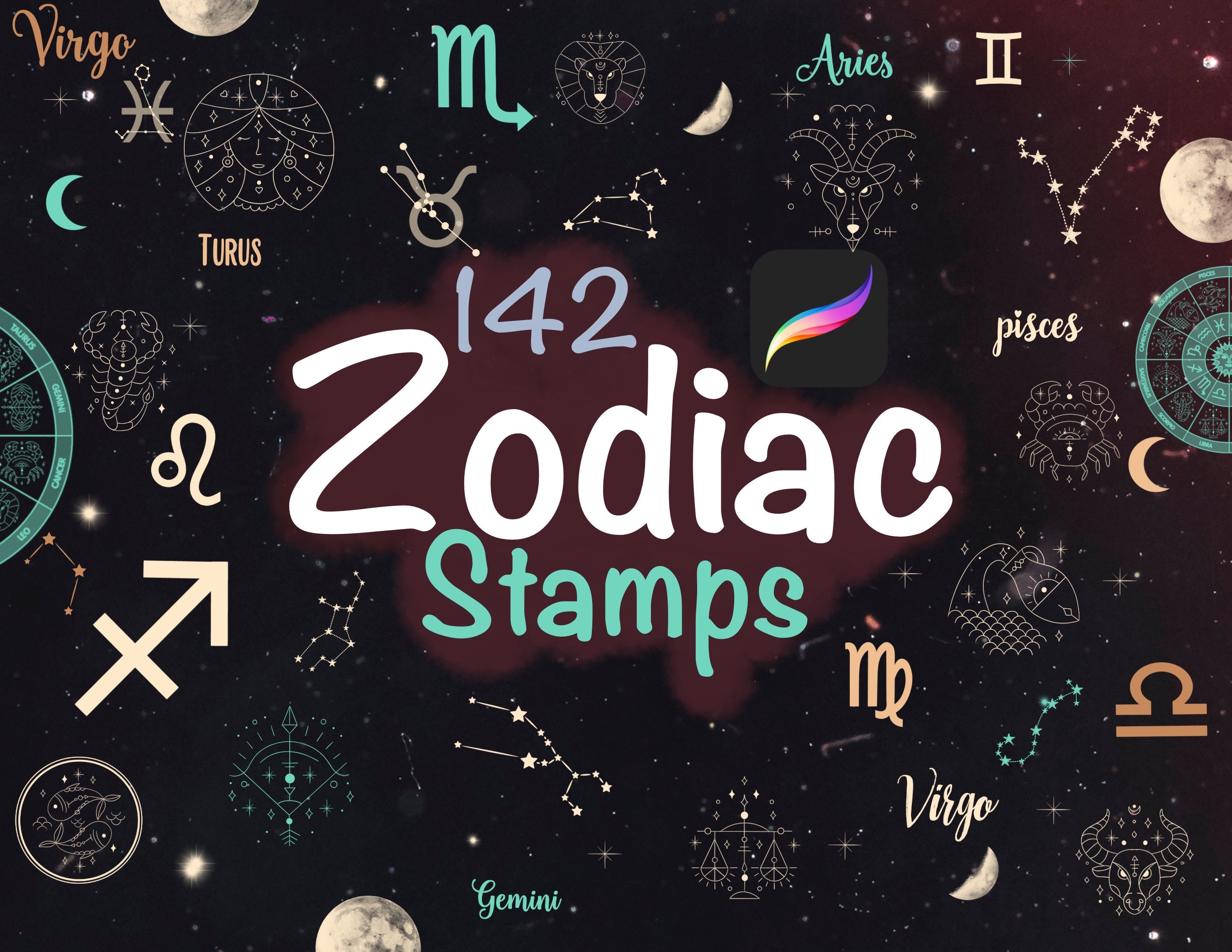 142 Zodiac Signs Stamps for Procreate App Astrology Theme Etsy UK