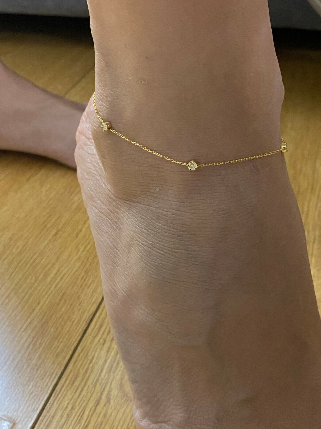 14K Solid Gold Anklet With Round Diamonds 9 Length, Natural Diamond