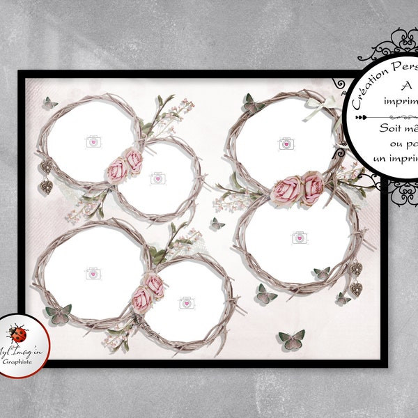 Pèle-Mêle "Rose Champêtre", personalized frame with 7 photos, personalized wall decoration, family, friendship, Original souvenir