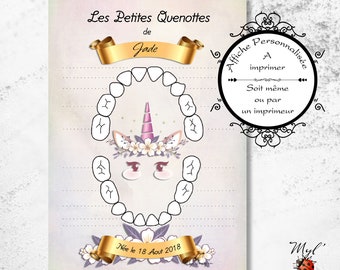 The little Quenottes "Unicorn", Milk Teeth Card, Personalized Baby Card, First Baby Teeth,