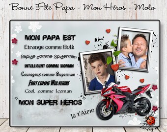 Idée cadeau ”  Bonne Fête Papa – Mon Héros – Moto” - Fête des pères - Cadeau personnalisé