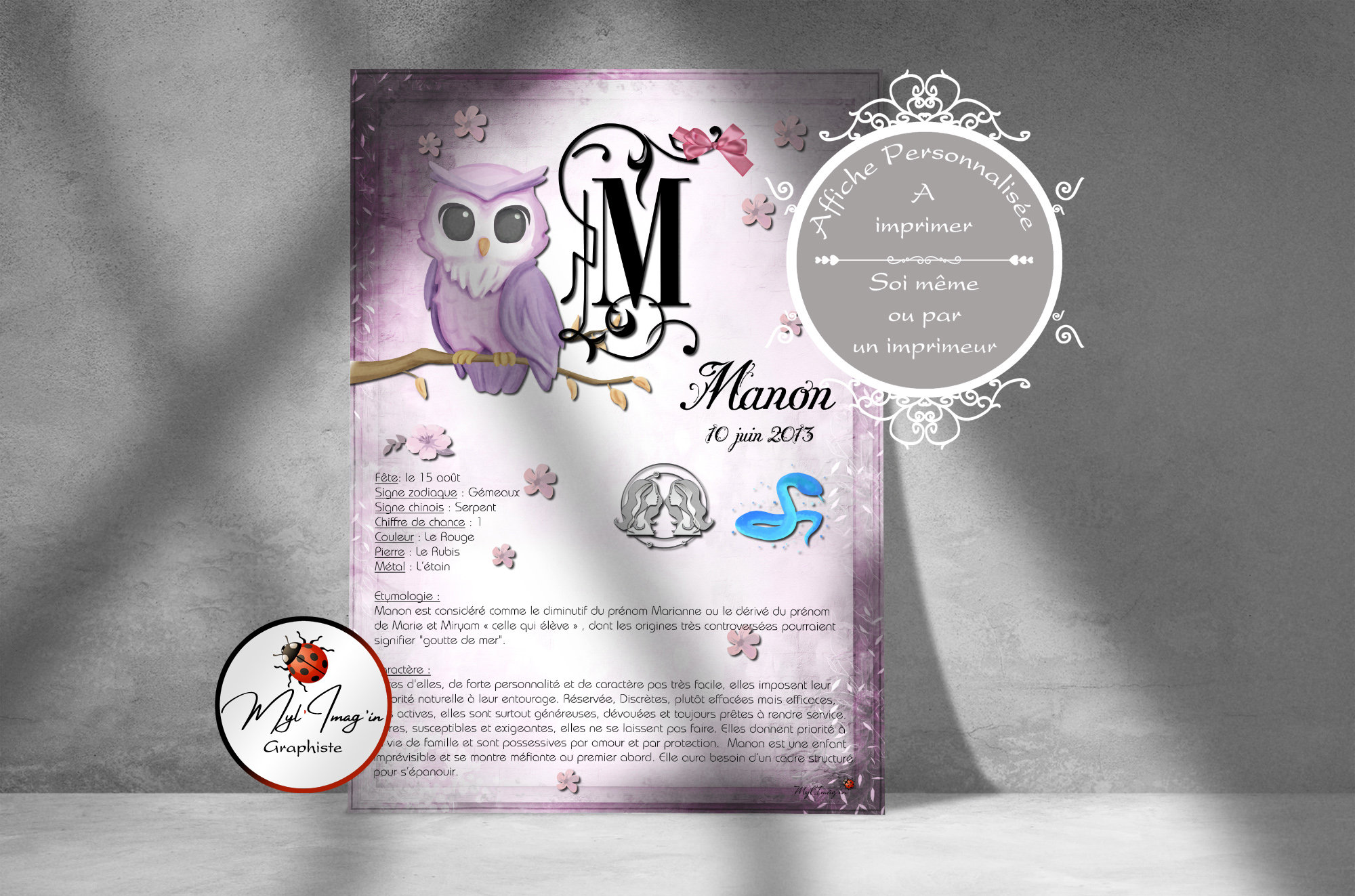 Affiche Lettrine & Prénom Lettre M , Initiale et Prénom, Étymologie Du Prénom