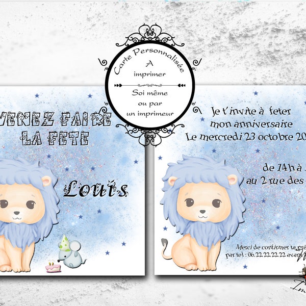 Carte d’invitation d’anniversaire “petit Lion” Enfant , Anniversaire petit garçon ou mixte, Invitation Fête d'anniversaire thème lion