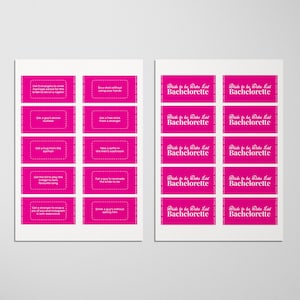 Puede incluir: Dos hojas de tarjetas rosas con texto blanco. Una hoja tiene retos como "Obtener el número de teléfono de un chico" y "Obtener una bebida gratis de un extraño". La otra hoja dice "Bride to be Dare List Bachelorette."
