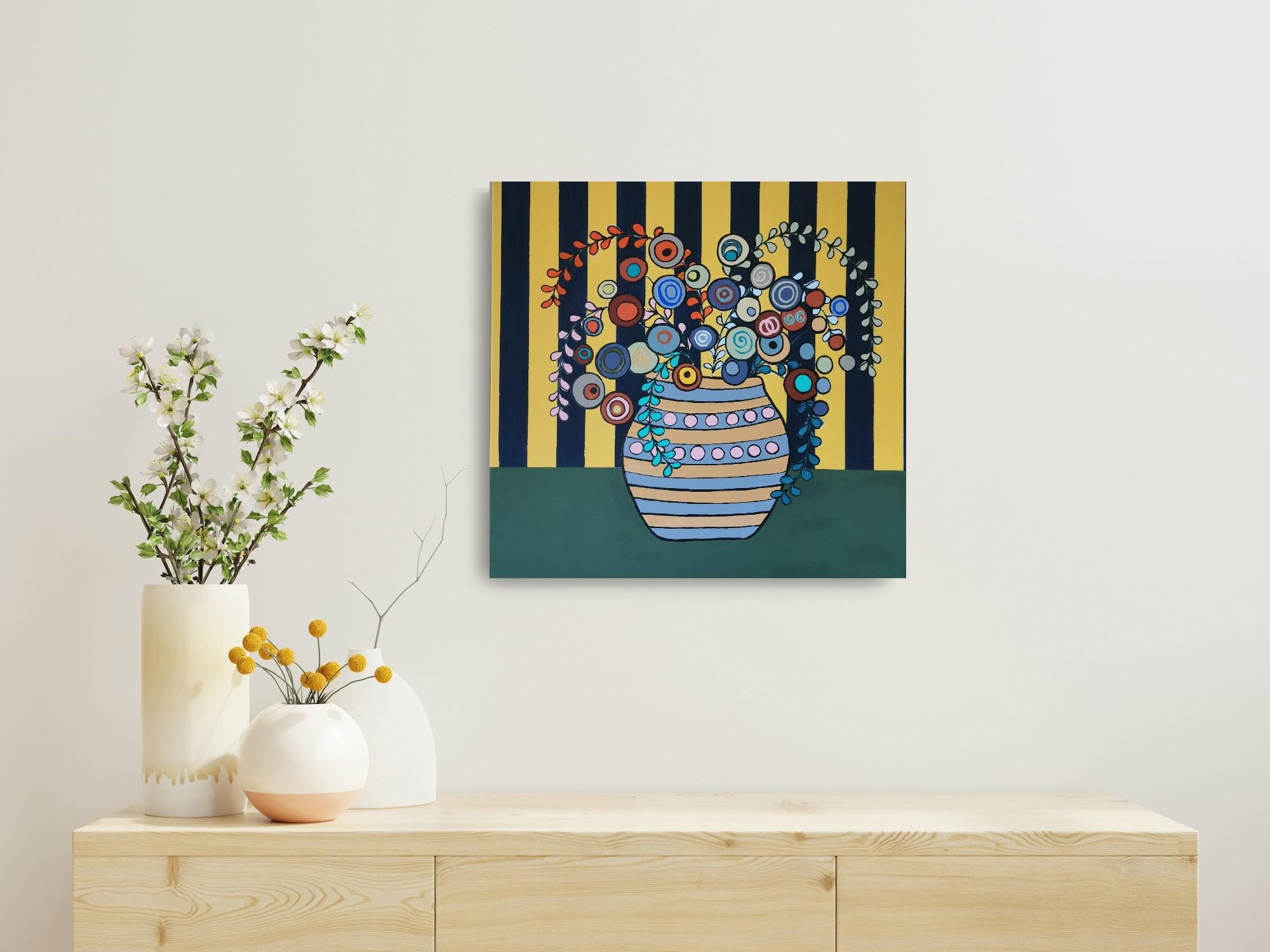 オリジナルの抽象的な花柄アクリル画、明るいカラフルな花、壁装飾（60