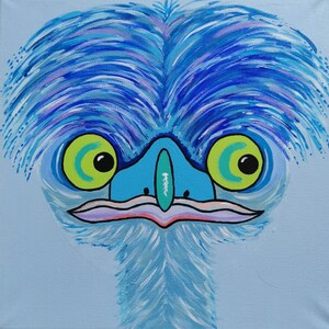 Pintura de emú, arte original. Arte de aves. Arte australiano. Pintura acrílica de emú. Arte divertido. Arte colorido. Arte de emú. Niño azul.