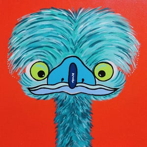 Pintura de emú, arte original. Arte de aves. Arte australiano. Pintura acrílica de emú. Arte divertido. Arte colorido. Arte de emú. Aqua boy.