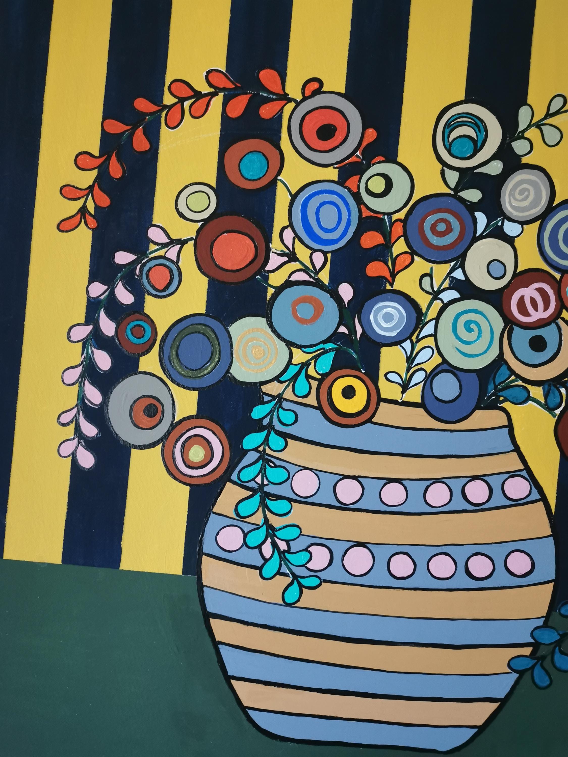 オリジナルの花柄アクリル画。明るく抽象的な、色鮮やかな花が花瓶に