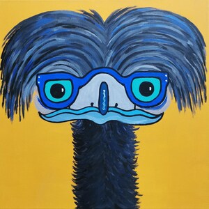 Pintura original de emú. Arte de aves. Arte australiano. Pintura acrílica de emú. Arte divertido. Arte colorido. Emú con anteojos.