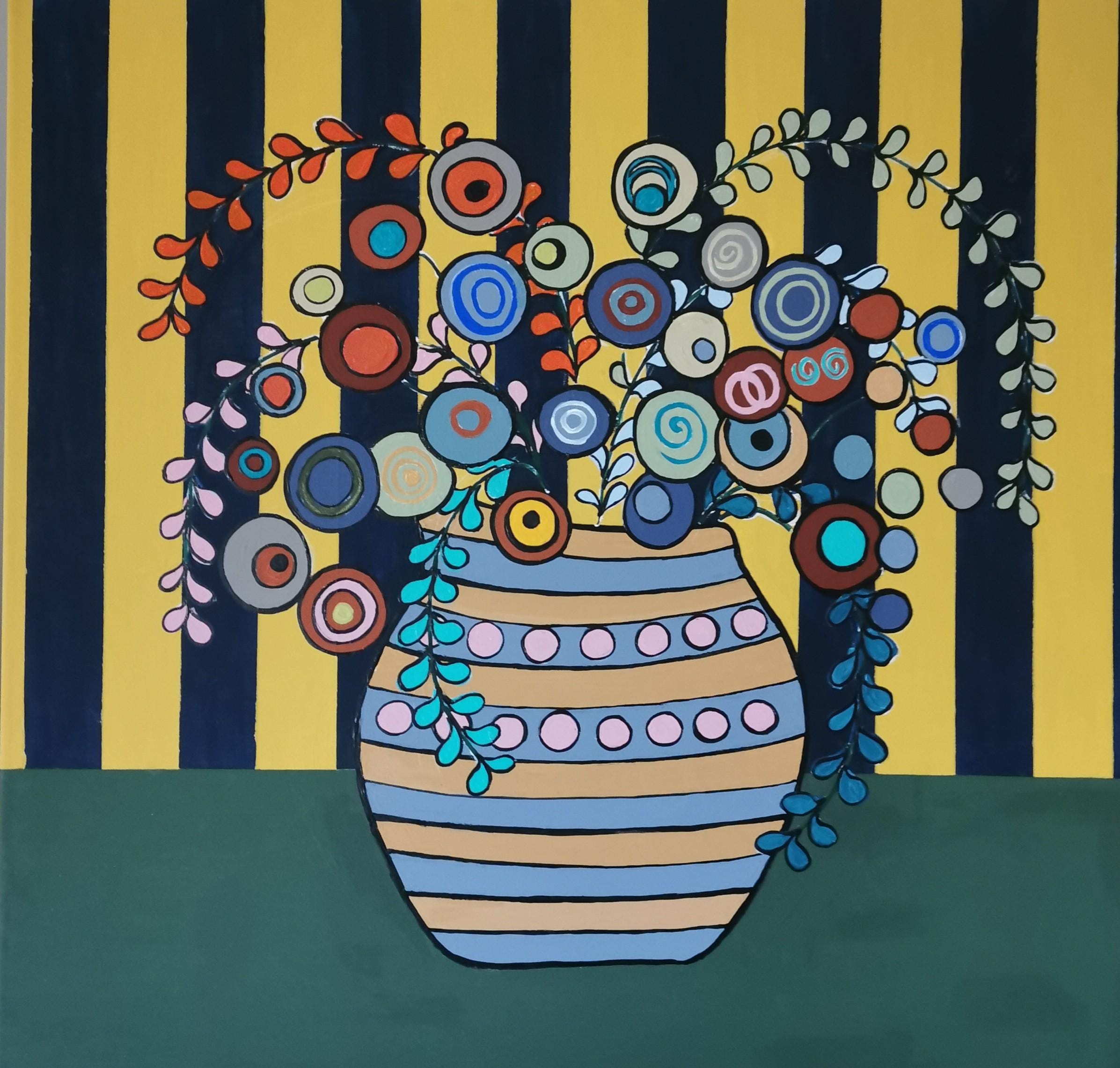 アクリル画 抽象的な花のデザイン オリジナルの花柄アクリル画。明るく抽象的な、色鮮やかな花が花瓶に