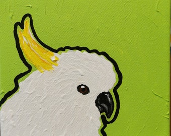 Cockatoo Australian native bird original acrylic painting, mini art, pop art inspired.  satin varnish finish. canvas.  art.  acrylic. paint.
