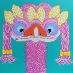 Pintura de emú, arte original. Arte de aves. Arte australiano. Pintura acrílica de emú. Arte divertido. Arte colorido. Arte de emú. Colas de cerdo. Trenzas.