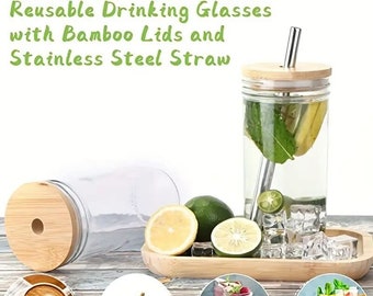 Reusable Mason Jar Drinking Cups Set - 24oz Boba Bottles, Iced Coffee Cups, Tea Tumblers with Bamboo Lid, Straw & Brush 4pcs kit