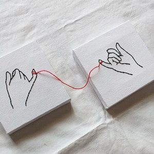 Pair of hand-embroidered "Red Thread of Destiny" canvas | handmade wall decorations | gift idea