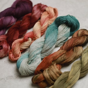 Six braided skeins of embroidery thread arranged in a diagonal row. The colours include deep purple, dark red, light peach, teal and white gradient, burnt orange, and olive green. Each skein features a soft, lustrous, and fine texture.