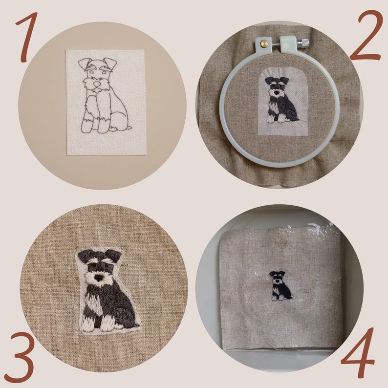 May include: Four images of Schnauzer embroidery art. The first image shows a black and white Schnauzer outline on a white fabric. The second image shows the Schnauzer embroidery in a hoop. The third image shows the finished embroidery. The fourth image shows the finished embroidery.