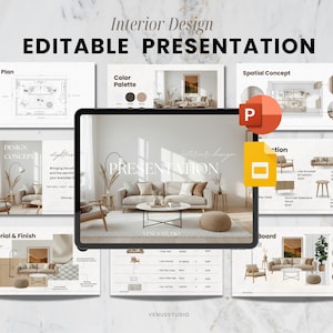 Può includere: Un modello di presentazione di interior design modificabile visualizzato sullo schermo di un tablet, con diverse diapositive contenenti planimetrie, palette di colori, concetti spaziali e disposizioni di mobili in tonalità neutre con icone PowerPoint.