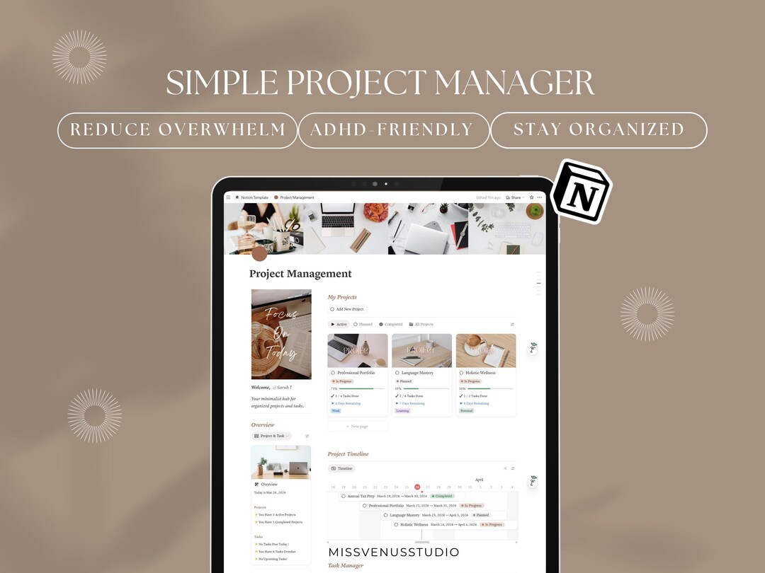 Notion Project Management Template | Simple Task Manager Planner ...