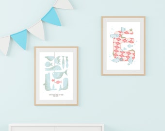 Fish Art, Set of 2 Nursery Digital Prints, Nursery Decor, Alphabet Print, Art Prints Download For Bedroom Decor